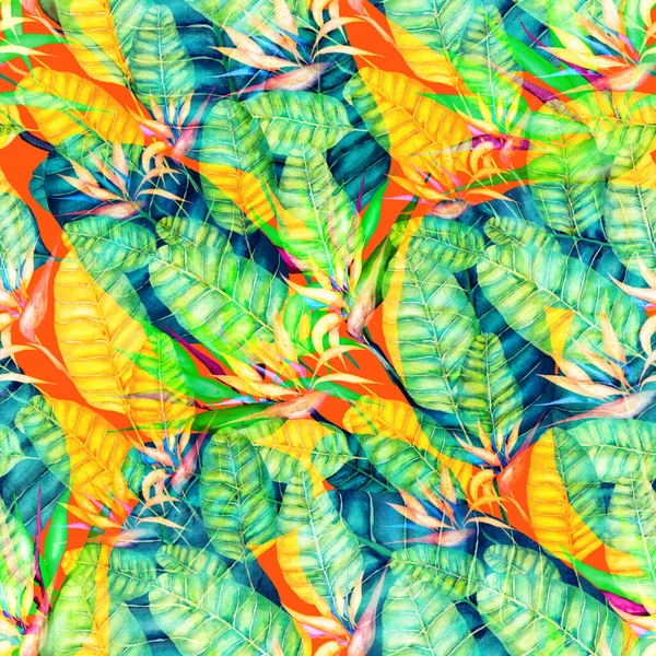 Modern Abstract Seamless Pattern Watercolor Tropical Leaves Flowers Textile Design — Stock Photo, Image