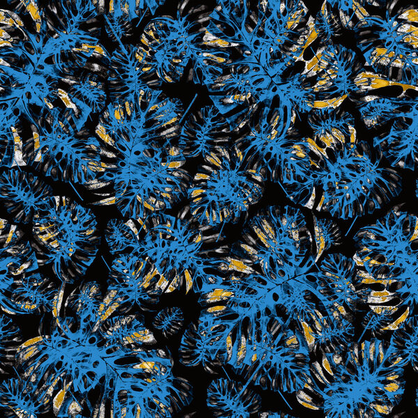 Modern abstract seamless pattern with watercolor tropical leaves and flowers for textile design. Retro bright summer background. Jungle foliage illustration. Swimwear botanical design. Vintage exotic print.