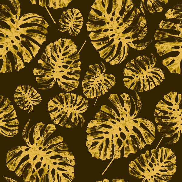 Modern abstract seamless pattern with watercolor tropical leaves and flowers for textile design. Retro bright summer background. Jungle foliage illustration. Swimwear botanical design. Vintage exotic print.