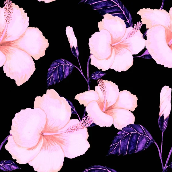 Tekstil tasarımı için suluboya tropikal yaprakları ve çiçekleri olan modern, soyut, dikişsiz desen. Geçmişe dönük parlak yaz geçmişi. Orman yaprakları çizimi. Mayo botanik tasarımı. Antika egzotik baskı.