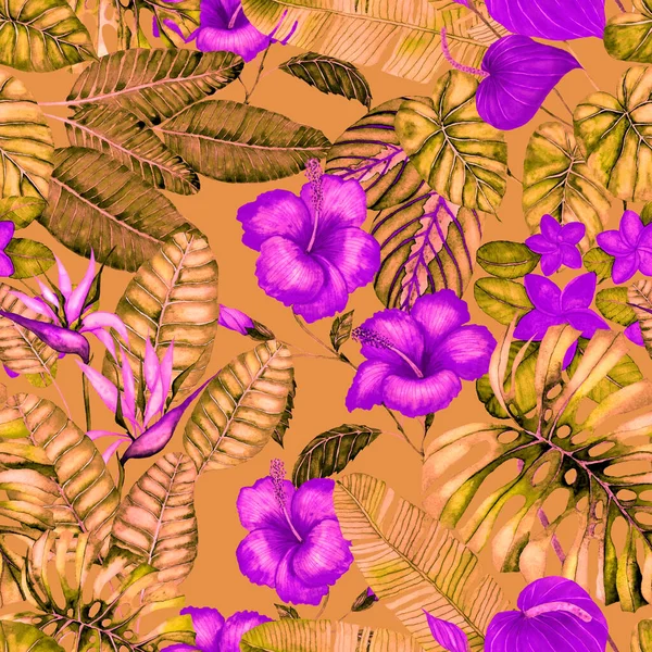 Padrão Abstrato Sem Costura Moderna Com Aquarela Folhas Tropicais Flores — Fotografia de Stock