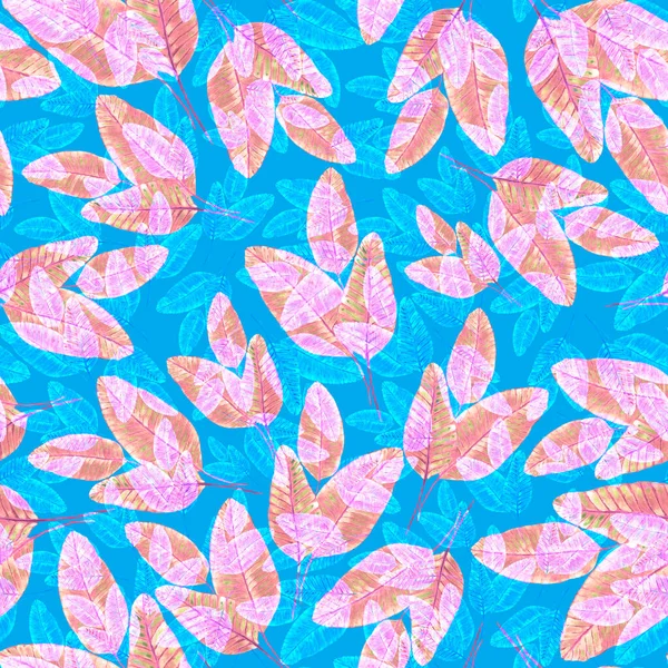 Tekstil tasarımı için suluboya tropikal yaprakları ve çiçekleri olan modern, soyut, dikişsiz desen. Geçmişe dönük parlak yaz geçmişi. Orman yaprakları çizimi. Mayo botanik tasarımı. Antika egzotik baskı.