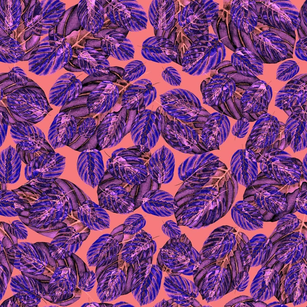现代抽象无缝图案 水彩斑斓的热带叶和花 用于纺织品设计 复古明亮的夏天背景 丛生叶图 泳衣的植物设计 老式异国情调印刷品 — 图库照片