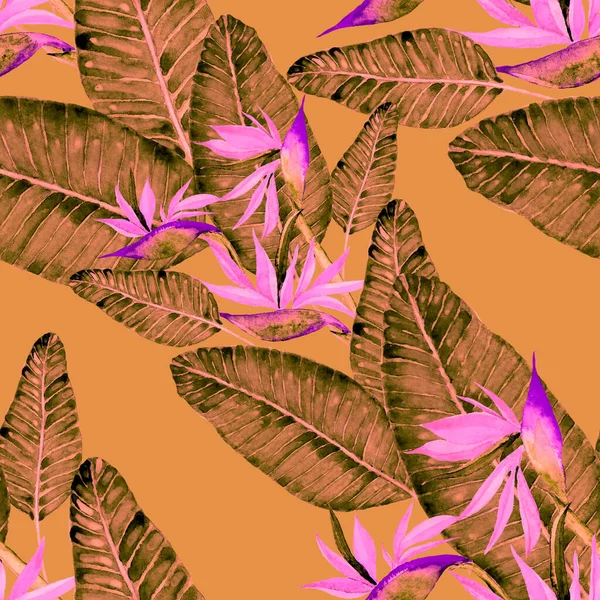 Tekstil tasarımı için suluboya tropikal yaprakları ve çiçekleri olan modern, soyut, dikişsiz desen. Geçmişe dönük parlak yaz geçmişi. Orman yaprakları çizimi. Mayo botanik tasarımı. Antika egzotik baskı.