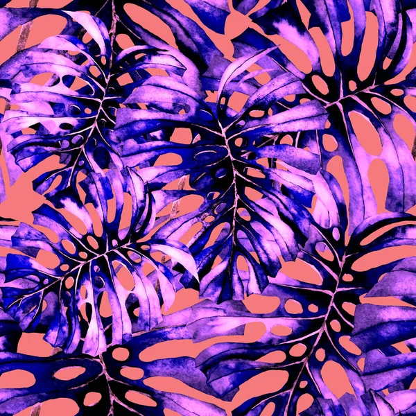 Tekstil tasarımı için suluboya tropikal yaprakları ve çiçekleri olan modern, soyut, dikişsiz desen. Geçmişe dönük parlak yaz geçmişi. Orman yaprakları çizimi. Mayo botanik tasarımı. Antika egzotik baskı.