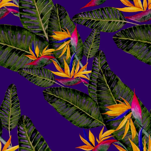 Tekstil Tasarımı Için Suluboya Tropikal Yaprakları Çiçekleri Olan Modern Soyut — Stok fotoğraf