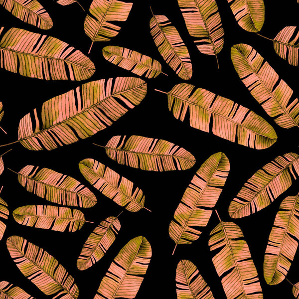 Modern abstract seamless pattern with watercolor tropical leaves and flowers for textile design. Retro bright summer background. Jungle foliage illustration. Swimwear botanical design. Vintage exotic print.