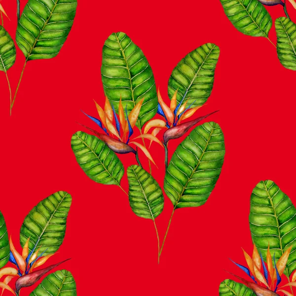 Modern Abstract Seamless Pattern Watercolor Tropical Leaves Flowers Textile Design — Stock Photo, Image