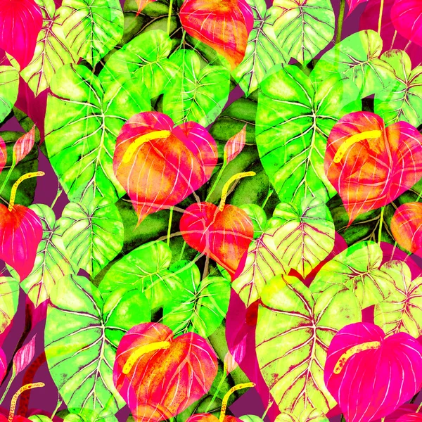 Moderno Patrón Abstracto Sin Costuras Con Hojas Tropicales Acuarela Flores —  Fotos de Stock