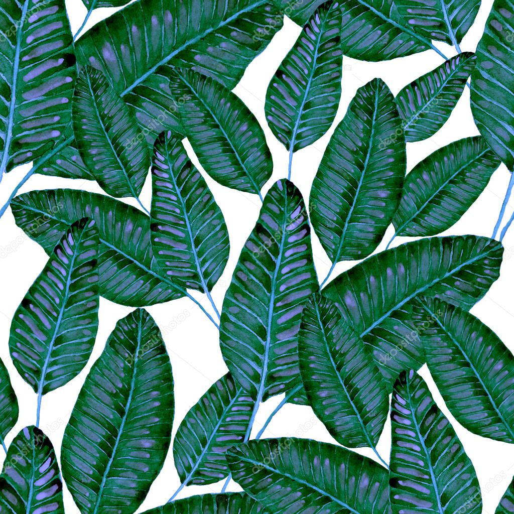 Modern abstract seamless pattern with watercolor tropical leaves and flowers for textile design. Retro bright summer background. Jungle foliage illustration. Swimwear botanical design. Vintage exotic print.