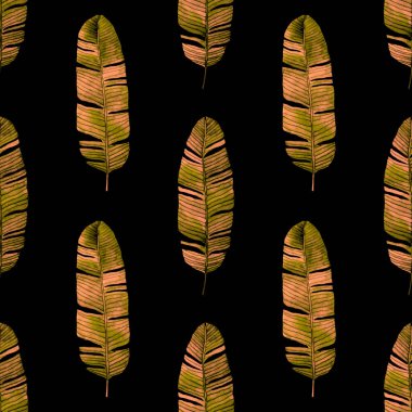 Tekstil tasarımı için suluboya tropikal yaprakları ve çiçekleri olan modern, soyut, dikişsiz desen. Geçmişe dönük parlak yaz geçmişi. Orman yaprakları çizimi. Mayo botanik tasarımı. Antika egzotik baskı.
