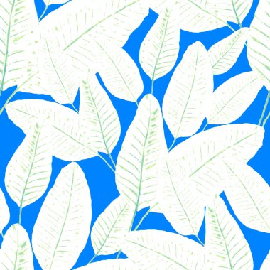 Tekstil tasarımı için suluboya tropikal yaprakları ve çiçekleri olan modern, soyut, dikişsiz desen. Geçmişe dönük parlak yaz geçmişi. Orman yaprakları çizimi. Mayo botanik tasarımı. Antika egzotik baskı.