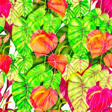 Tekstil tasarımı için suluboya tropikal yaprakları ve çiçekleri olan modern, soyut, dikişsiz desen. Geçmişe dönük parlak yaz geçmişi. Orman yaprakları çizimi. Mayo botanik tasarımı. Antika egzotik baskı.