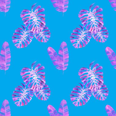 Tekstil tasarımı için suluboya tropikal yaprakları ve çiçekleri olan modern, soyut, dikişsiz desen. Geçmişe dönük parlak yaz geçmişi. Orman yaprakları çizimi. Mayo botanik tasarımı. Antika egzotik baskı.