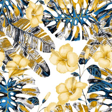 Tekstil tasarımı için suluboya tropikal yaprakları ve çiçekleri olan modern, soyut, dikişsiz desen. Geçmişe dönük parlak yaz geçmişi. Orman yaprakları çizimi. Mayo botanik tasarımı. Antika egzotik baskı.