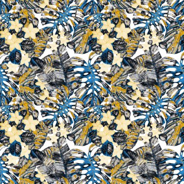 Tekstil tasarımı için suluboya tropikal yaprakları ve çiçekleri olan modern, soyut, dikişsiz desen. Geçmişe dönük parlak yaz geçmişi. Orman yaprakları çizimi. Mayo botanik tasarımı. Antika egzotik baskı.