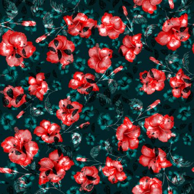 Tekstil tasarımı için suluboya tropikal yaprakları ve çiçekleri olan modern, soyut, dikişsiz desen. Geçmişe dönük parlak yaz geçmişi. Orman yaprakları çizimi. Mayo botanik tasarımı. Antika egzotik baskı.