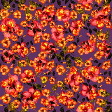 Tekstil tasarımı için suluboya tropikal yaprakları ve çiçekleri olan modern, soyut, dikişsiz desen. Geçmişe dönük parlak yaz geçmişi. Orman yaprakları çizimi. Mayo botanik tasarımı. Antika egzotik baskı.