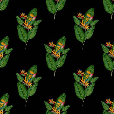 Tekstil tasarımı için suluboya tropikal yaprakları ve çiçekleri olan modern, soyut, dikişsiz desen. Geçmişe dönük parlak yaz geçmişi. Orman yaprakları çizimi. Mayo botanik tasarımı. Antika egzotik baskı.