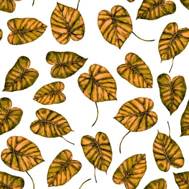 Tekstil tasarımı için suluboya tropikal yaprakları ve çiçekleri olan modern, soyut, dikişsiz desen. Geçmişe dönük parlak yaz geçmişi. Orman yaprakları çizimi. Mayo botanik tasarımı. Antika egzotik baskı.