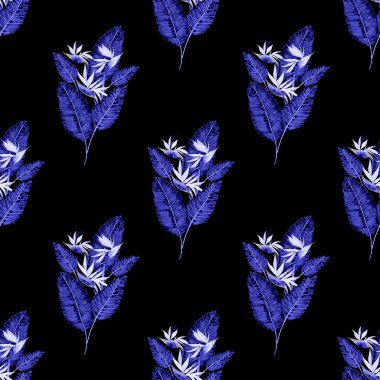 Tekstil tasarımı için suluboya tropikal yaprakları ve çiçekleri olan modern, soyut, dikişsiz desen. Geçmişe dönük parlak yaz geçmişi. Orman yaprakları çizimi. Mayo botanik tasarımı. Antika egzotik baskı.