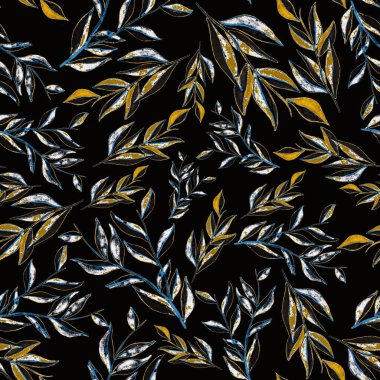 Tekstil tasarımı için suluboya tropikal yaprakları ve çiçekleri olan modern, soyut, dikişsiz desen. Geçmişe dönük parlak yaz geçmişi. Orman yaprakları çizimi. Mayo botanik tasarımı. Antika egzotik baskı.