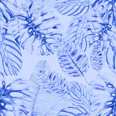 Tekstil tasarımı için suluboya tropikal yaprakları ve çiçekleri olan modern, soyut, dikişsiz desen. Geçmişe dönük parlak yaz geçmişi. Orman yaprakları çizimi. Mayo botanik tasarımı. Antika egzotik baskı.