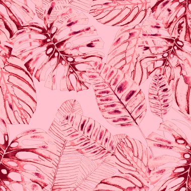 Tekstil tasarımı için suluboya tropikal yaprakları ve çiçekleri olan modern, soyut, dikişsiz desen. Geçmişe dönük parlak yaz geçmişi. Orman yaprakları çizimi. Mayo botanik tasarımı. Antika egzotik baskı.