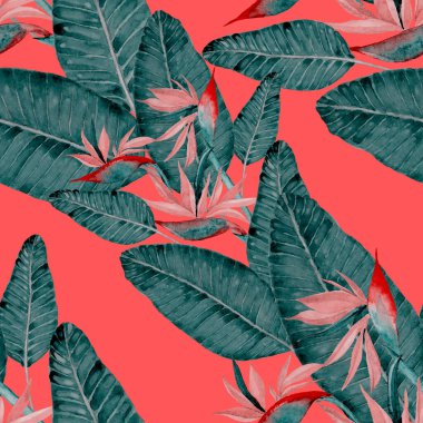 Tekstil tasarımı için suluboya tropikal yaprakları ve çiçekleri olan modern, soyut, dikişsiz desen. Geçmişe dönük parlak yaz geçmişi. Orman yaprakları çizimi. Mayo botanik tasarımı. Antika egzotik baskı.