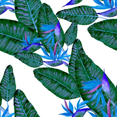 Tekstil tasarımı için suluboya tropikal yaprakları ve çiçekleri olan modern, soyut, dikişsiz desen. Geçmişe dönük parlak yaz geçmişi. Orman yaprakları çizimi. Mayo botanik tasarımı. Antika egzotik baskı.