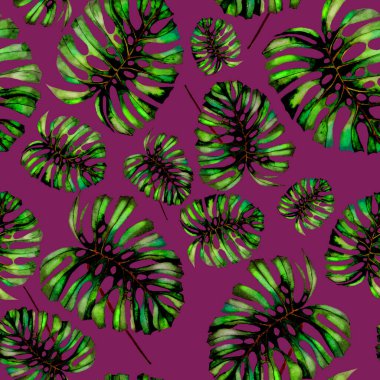 Tekstil tasarımı için suluboya tropikal yaprakları ve çiçekleri olan modern, soyut, dikişsiz desen. Geçmişe dönük parlak yaz geçmişi. Orman yaprakları çizimi. Mayo botanik tasarımı. Antika egzotik baskı.