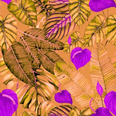 Tekstil tasarımı için suluboya tropikal yaprakları ve çiçekleri olan modern, soyut, dikişsiz desen. Geçmişe dönük parlak yaz geçmişi. Orman yaprakları çizimi. Mayo botanik tasarımı. Antika egzotik baskı.