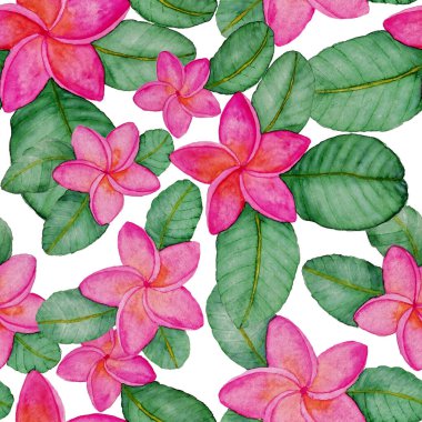 Tekstil tasarımı için suluboya tropikal yaprakları ve çiçekleri olan modern, soyut, dikişsiz desen. Geçmişe dönük parlak yaz geçmişi. Orman yaprakları çizimi. Mayo botanik tasarımı. Antika egzotik baskı.