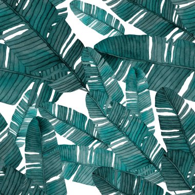 Tekstil tasarımı için suluboya tropikal yaprakları ve çiçekleri olan modern, soyut, dikişsiz desen. Geçmişe dönük parlak yaz geçmişi. Orman yaprakları çizimi. Mayo botanik tasarımı. Antika egzotik baskı.