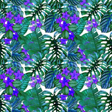 Tekstil tasarımı için suluboya tropikal yaprakları ve çiçekleri olan modern, soyut, dikişsiz desen. Geçmişe dönük parlak yaz geçmişi. Orman yaprakları çizimi. Mayo botanik tasarımı. Antika egzotik baskı.