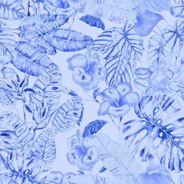 Tekstil tasarımı için suluboya tropikal yaprakları ve çiçekleri olan modern, soyut, dikişsiz desen. Geçmişe dönük parlak yaz geçmişi. Orman yaprakları çizimi. Mayo botanik tasarımı. Antika egzotik baskı.