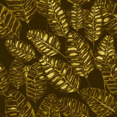 Tekstil tasarımı için suluboya tropikal yaprakları ve çiçekleri olan modern, soyut, dikişsiz desen. Geçmişe dönük parlak yaz geçmişi. Orman yaprakları çizimi. Mayo botanik tasarımı. Antika egzotik baskı.