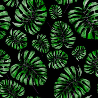 Tekstil tasarımı için suluboya tropikal yaprakları ve çiçekleri olan modern, soyut, dikişsiz desen. Geçmişe dönük parlak yaz geçmişi. Orman yaprakları çizimi. Mayo botanik tasarımı. Antika egzotik baskı.