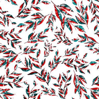 Tekstil tasarımı için suluboya tropikal yaprakları ve çiçekleri olan modern, soyut, dikişsiz desen. Geçmişe dönük parlak yaz geçmişi. Orman yaprakları çizimi. Mayo botanik tasarımı. Antika egzotik baskı.