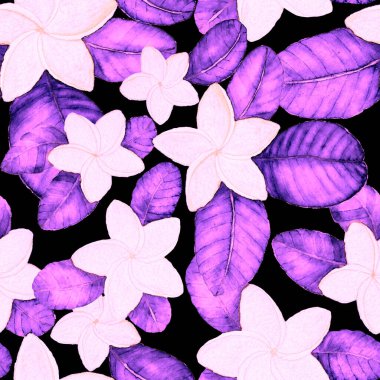 Tekstil tasarımı için suluboya tropikal yaprakları ve çiçekleri olan modern, soyut, dikişsiz desen. Geçmişe dönük parlak yaz geçmişi. Orman yaprakları çizimi. Mayo botanik tasarımı. Antika egzotik baskı.