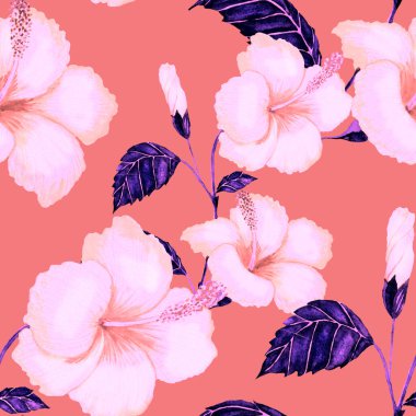 Tekstil tasarımı için suluboya tropikal yaprakları ve çiçekleri olan modern, soyut, dikişsiz desen. Geçmişe dönük parlak yaz geçmişi. Orman yaprakları çizimi. Mayo botanik tasarımı. Antika egzotik baskı.