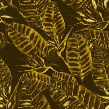 Tekstil tasarımı için suluboya tropikal yaprakları ve çiçekleri olan modern, soyut, dikişsiz desen. Geçmişe dönük parlak yaz geçmişi. Orman yaprakları çizimi. Mayo botanik tasarımı. Antika egzotik baskı.