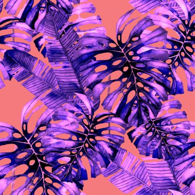 Tekstil tasarımı için suluboya tropikal yaprakları ve çiçekleri olan modern, soyut, dikişsiz desen. Geçmişe dönük parlak yaz geçmişi. Orman yaprakları çizimi. Mayo botanik tasarımı. Antika egzotik baskı.