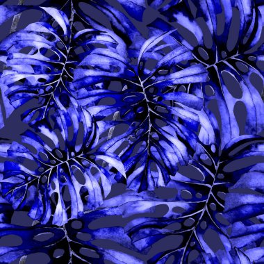 Tekstil tasarımı için suluboya tropikal yaprakları ve çiçekleri olan modern, soyut, dikişsiz desen. Geçmişe dönük parlak yaz geçmişi. Orman yaprakları çizimi. Mayo botanik tasarımı. Antika egzotik baskı.