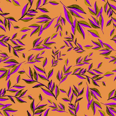 Tekstil tasarımı için suluboya tropikal yaprakları ve çiçekleri olan modern, soyut, dikişsiz desen. Geçmişe dönük parlak yaz geçmişi. Orman yaprakları çizimi. Mayo botanik tasarımı. Antika egzotik baskı.