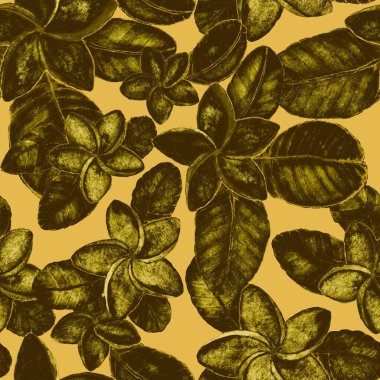 Tekstil tasarımı için suluboya tropikal yaprakları ve çiçekleri olan modern, soyut, dikişsiz desen. Geçmişe dönük parlak yaz geçmişi. Orman yaprakları çizimi. Mayo botanik tasarımı. Antika egzotik baskı.