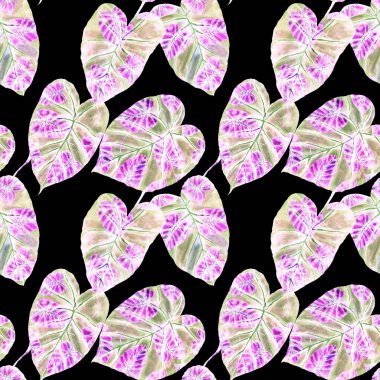 Tekstil tasarımı için suluboya tropikal yaprakları ve çiçekleri olan modern, soyut, dikişsiz desen. Geçmişe dönük parlak yaz geçmişi. Orman yaprakları çizimi. Mayo botanik tasarımı. Antika egzotik baskı.