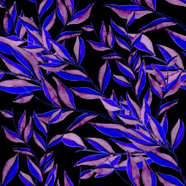 Tekstil tasarımı için suluboya tropikal yaprakları ve çiçekleri olan modern, soyut, dikişsiz desen. Geçmişe dönük parlak yaz geçmişi. Orman yaprakları çizimi. Mayo botanik tasarımı. Antika egzotik baskı.