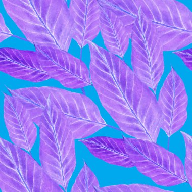 Tekstil tasarımı için suluboya tropikal yaprakları ve çiçekleri olan modern, soyut, dikişsiz desen. Geçmişe dönük parlak yaz geçmişi. Orman yaprakları çizimi. Mayo botanik tasarımı. Antika egzotik baskı.