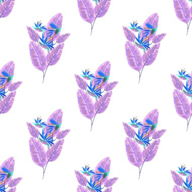 Tekstil tasarımı için suluboya tropikal yaprakları ve çiçekleri olan modern, soyut, dikişsiz desen. Geçmişe dönük parlak yaz geçmişi. Orman yaprakları çizimi. Mayo botanik tasarımı. Antika egzotik baskı.